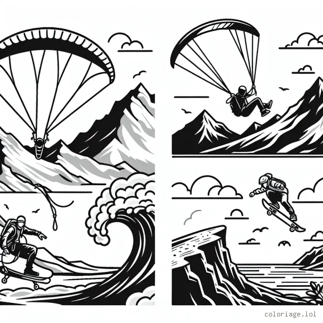 Dessine un parapentiste qui vole au-dessus des montagnes enneigées, un surfeur qui affronte des vagues gigantesques, un skateur qui réalise un saut incroyable et un alpiniste qui escalade une falaise rocheuse.