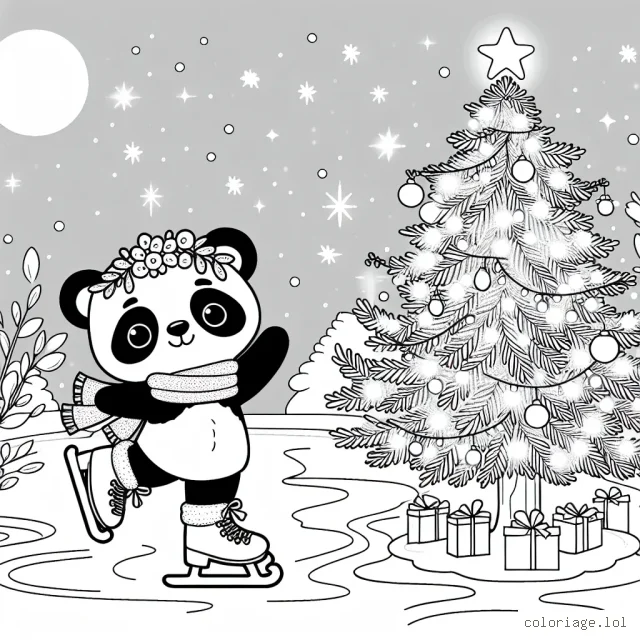 Un panda mignon qui fait du patin à glace sur un arbre géant orné de lumières scintillantes.