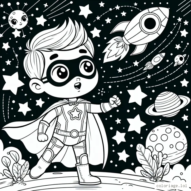 Un petit garçon courageux revêt sa tenue de super-héros et prépare sa fusée pour un voyage passionnant à travers le cosmos. Il va rencontrer des extraterrestres amicaux, des planètes inconnues et des étoiles scintillantes. Aide-le à mettre de la couleur dans cette aventure passionnante!