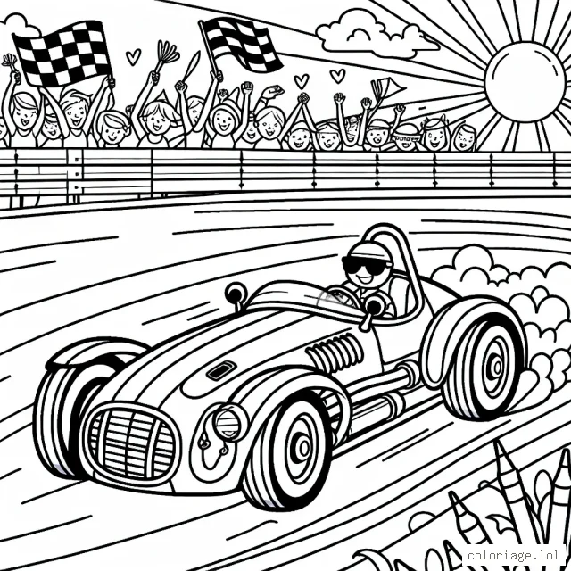 Imagine une jolie voiture de course rétro et moderne. Elle est en train de filer sur une piste de course, le soleil projetant des ombres derrière elle. De plus, des fans enthousiastes agitent des drapeaux le long des gradins. Ils encouragent ta voiture. À ton tour, prends tes crayons et donne vie à cette course automobile palpitante !