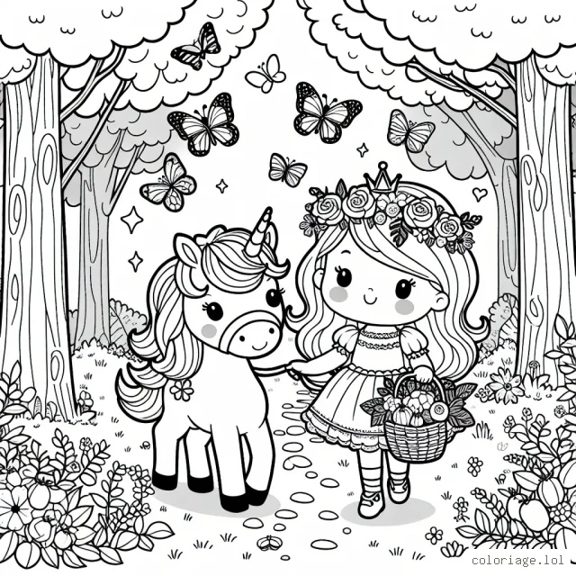 Une petite princesse avec sa licorne se promène dans une forêt féerique. Elle tient un panier plein de fleurs et fruits. Au-dessus d'eux, des papillons volent et des oiseaux chantent. Dessine, et colorie cette scène tendre!