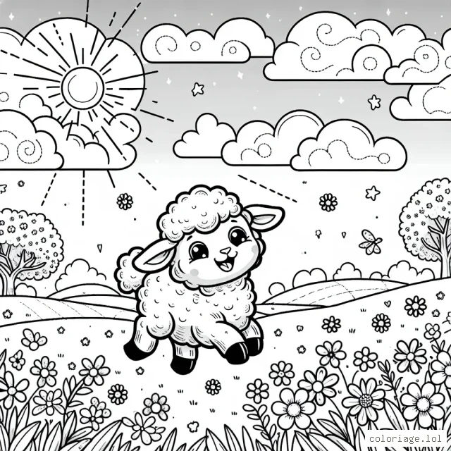 Un agneau bondit joyeusement dans un champ fleuri sous un ciel rempli de nuages moelleux et de soleil éclatant