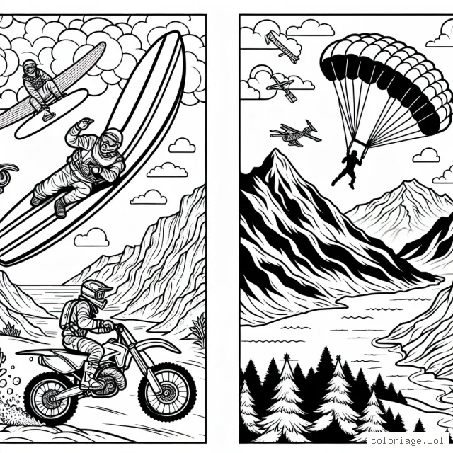 Une planche de surf volant haut dans les airs avec un surfeur audacieux, une motocross traversant des montagnes difficiles, des skieurs dévalant des pentes abruptes et un parachutiste survolant un magnifique paysage. Ajoutez des touches de couleurs à ces scènes palpitantes et donnez vie à l'excitation des sports extrêmes !