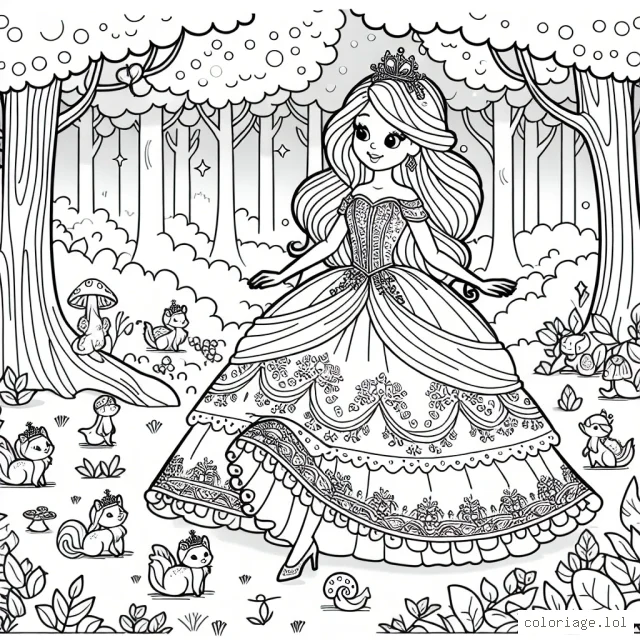 Sur cette page de coloriage, tu vas découvrir une belle princesse se promenant dans une forêt enchantée où vivent de petites créatures magiques. Elle porte une superbe robe qui ne demande qu'à être colorée selon tes envies. Lance-toi dans cette aventure et donne vie à ce monde féerique au gré de tes couleurs préférées.
