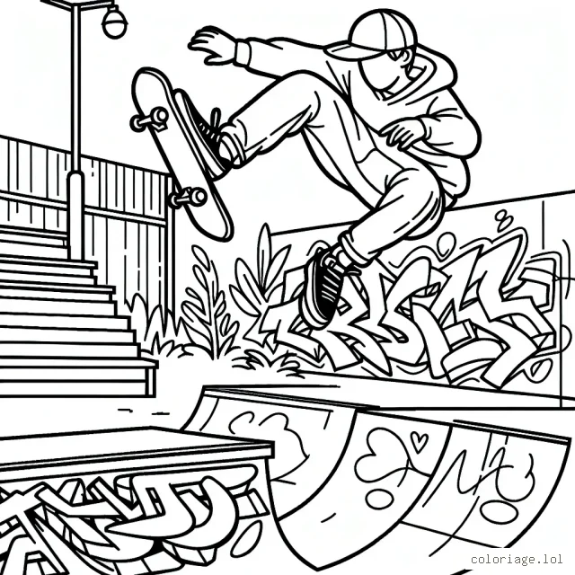 Dessine un skateboarder effectuant un flip audacieux dans un parc de skateboard urbain, avec des graffitis colorés en arrière-plan.