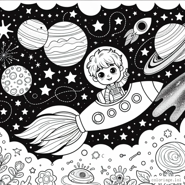 Un petit garçon jouant le rôle d'un astronaute, volant dans un vaisseau spatial à travers le système solaire orné de planètes variées et de comètes scintillantes.