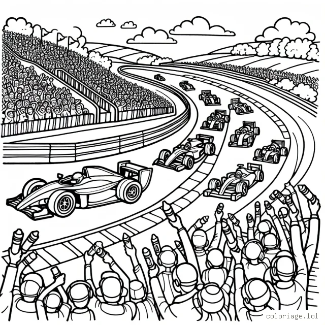 Dessinez une impressionnante course de voitures sur une piste vallonnée, avec différents modèles de voitures, et dans les gradins, plein de fans qui acclament leur pilote préféré.