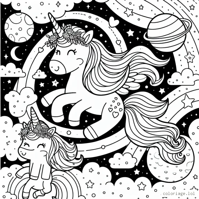 Créer un coloriage pour enfant avec des licornes dans un univers spatial fantastique
