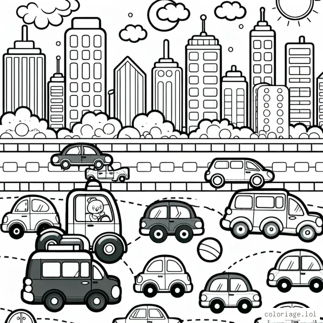 Dessiner une scène animée avec diverses voitures dans une ville dynamique.
