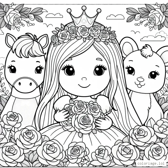 Imagine une petite princesse avec ses amis animaux dans un jardin royal plein de roses brillantes et colorées.