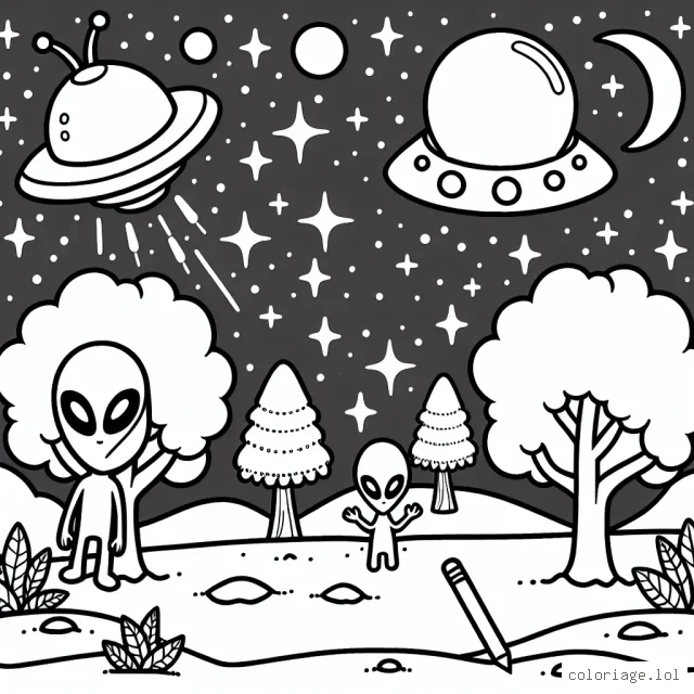 Imagine une scène animée sur une planète lointaine, avec des extra-terrestres amicaux et des arbres qui brillent. Il y a une soucoupe volante au-dessus et des étoiles scintillantes dans le ciel.