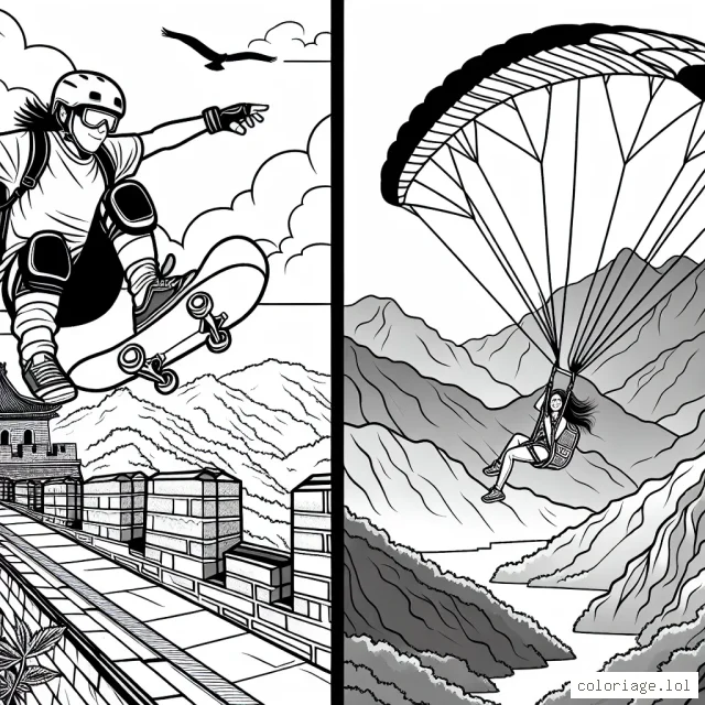 Dessine un skateur professionnel effectuant un saut impressionnant par-dessus la Grande Muraille de Chine, tandis qu'un parapentiste survole le paysage époustouflant.