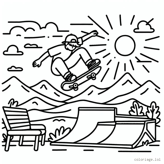 Dessine un skateur exécutant un saut impressionnant sur une rampe dans un parc de skate, avec des montagnes en toile de fond et un soleil radieux dans le ciel.