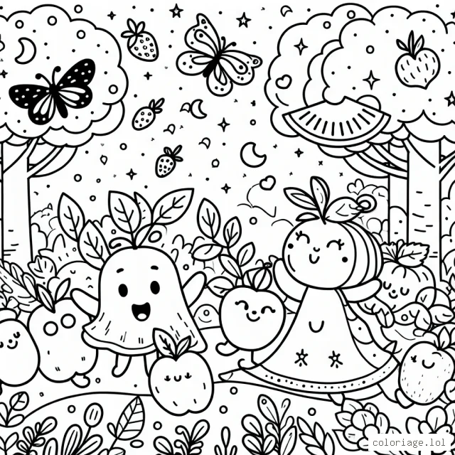 Un joyeux ensemble de fruits dansant dans une forêt enchantée.