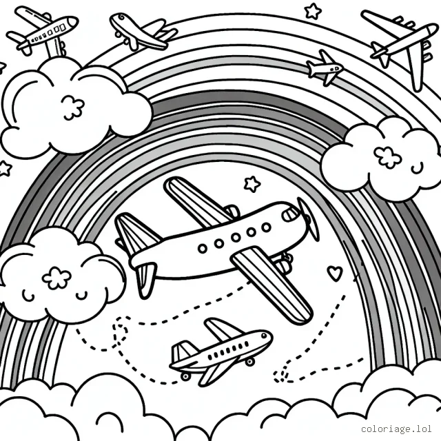 Un avion virevolte dans le ciel avec un arc-en-ciel en arrière-plan. Autour de lui, d'autres avions sont représentés, certains sont en plein décollage, d'autres sont en atterrissage sur une piste à proximité. Des nuages fantaisistes sont présents autour de l'avion principal, offrant de belles possibilités de coloriage.