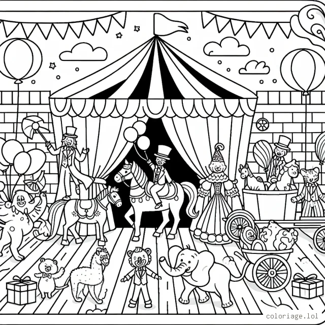 Un cirque ambulant est venu en ville avec ses artistes et animaux divers. Dessine et colore ce tableau joyeux et animé.