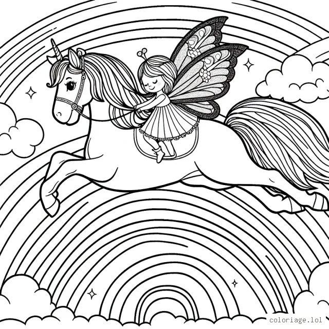 Un magnifique cheval sautant par-dessus un arc-en-ciel avec sur son dos une petite fée aux ailes scintillantes.