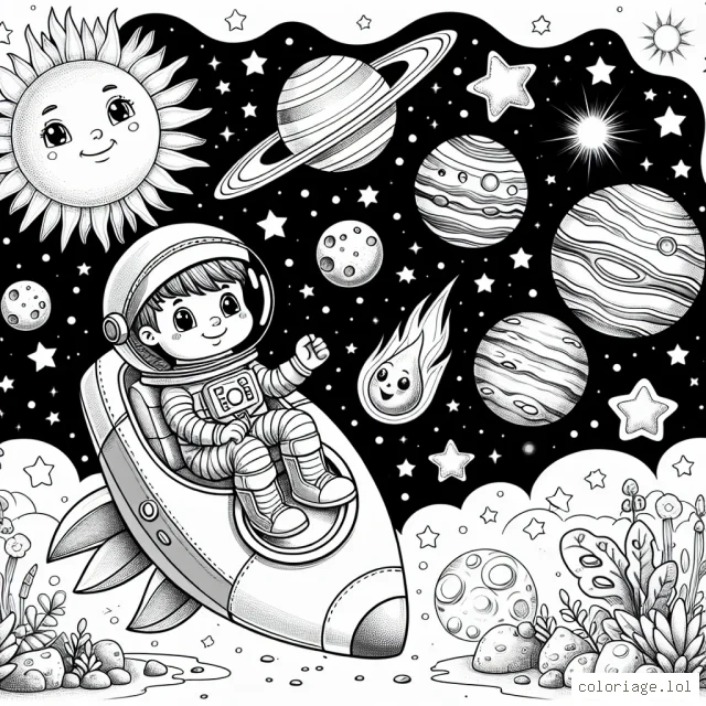Imagine un petit garçon voyageant à travers le système solaire. Il est assis dans une fusée spatiale brillante, avec un costume d'astronaute. Il passe près du soleil scintillant, de la lune découpée, des planètes colorées comme Mars, Saturne avec ses beaux anneaux, Jupiter avec sa grande tache rouge et ainsi de suite. Pense à ajouter des détails comme des étoiles, des comètes, des astéroïdes et peut-être même des extraterrestres!