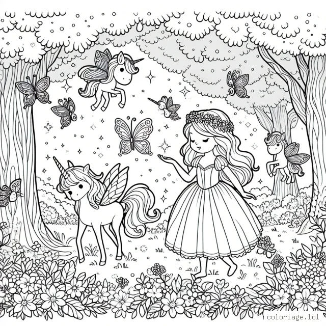 La jeune princesse découvre son royaume magique rempli de licornes et de fées scintillantes, cachées entre les arbres en fleurs de son jardin enchanté.