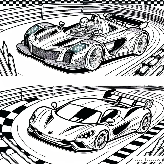 Dessiner une course passionnante entre deux voitures de sport sur un circuit bouclé, la rouge fonçant à toute allure et la bleue tentant désespérément de la rattraper.