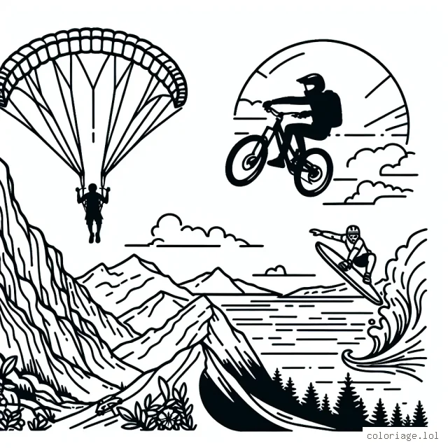 Un parapentiste audacieux survolant des montagnes rugueuses au coucher du soleil, un vététiste faisant un saut impressionnant sur une piste de montagne, et un surfeur équilibre sur une vague massive.