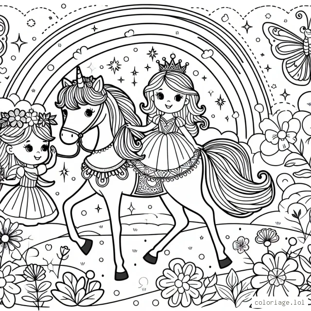 Dessine une petite princesse avec son cheval féerique dans son royaume floral
