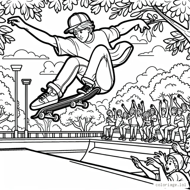 Dessine un skateur professionnel audacieux exécutant une figure acrobatique impressionnante dans un magnifique parc de skate, rempli d'arbres luxuriants et de spectateurs émerveillés.