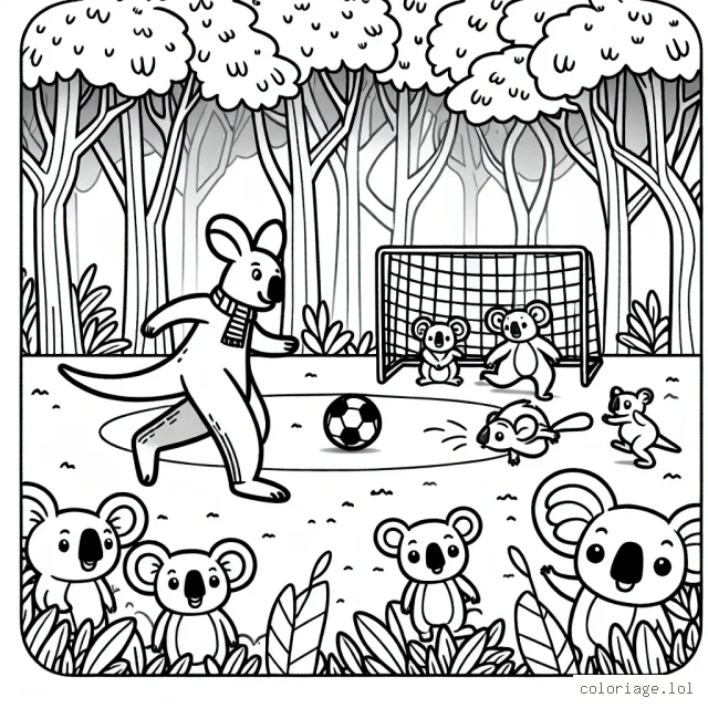 Un kangourou qui joue au foot avec des koalas dans les forêts de l'Australie