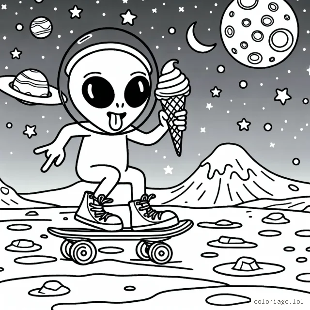 Un extraterrestre qui fait du skateboard sur la surface lunaire tout en mangeant une glace