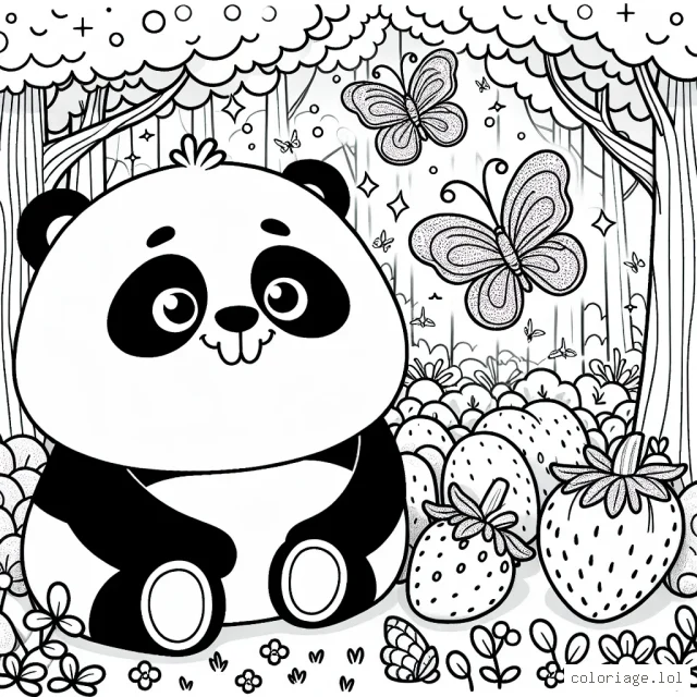 Un panda géant fou d'amusement dans une forêt enchantée remplie de papillons brillants et de fraises géantes