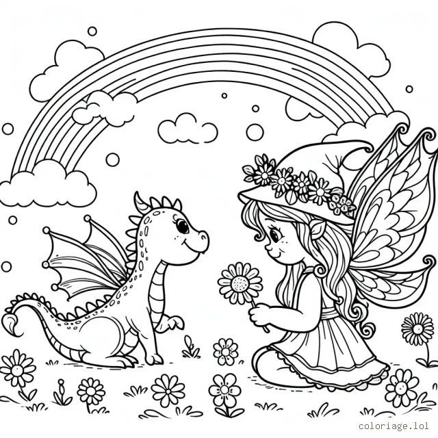 Une fée joue avec son petit dragon dans un monde enchanté rempli de fleurs et d’arc-en-ciel.