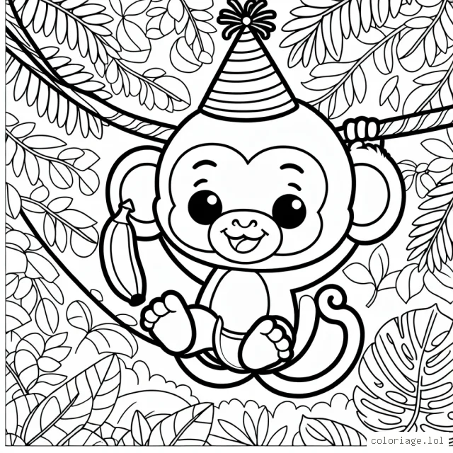 Un singe farceur suspendu à une liane dans la jungle, avec un chapeau de fête sur la tête, en brandissant une banane