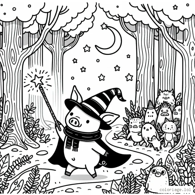 Un petit cochon vêt d'un chapeau de sorcier, qui entreprend une aventure magique à travers la forêt mystérieuse peuplée de créatures fantastiques.