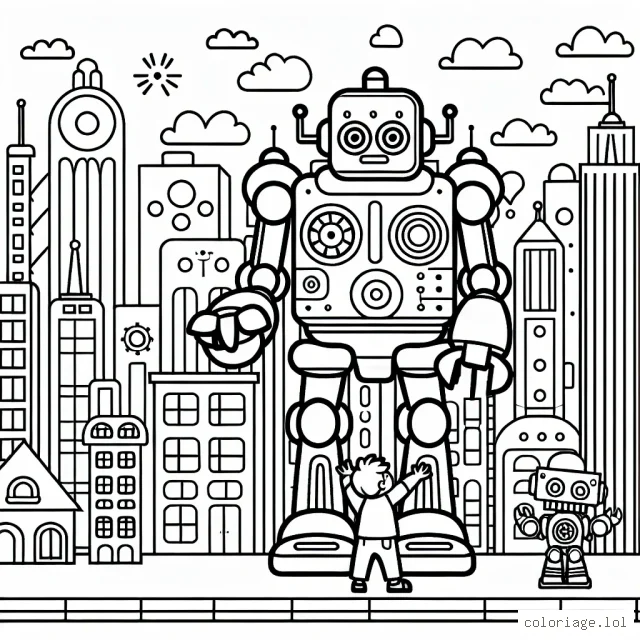 Un petit garçon jouant avec son robot géant dans une ville imaginaire colorée