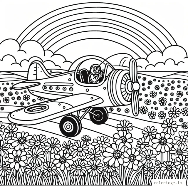 Dessinez un avion survolant un grand champ de fleurs, avec un arc-en-ciel en arrière-plan. N'oubliez pas de bien détailler le cockpit de l'avion, montrer les roues de l'avion, les différents compartiments et le chemin de l'avion dans le ciel.