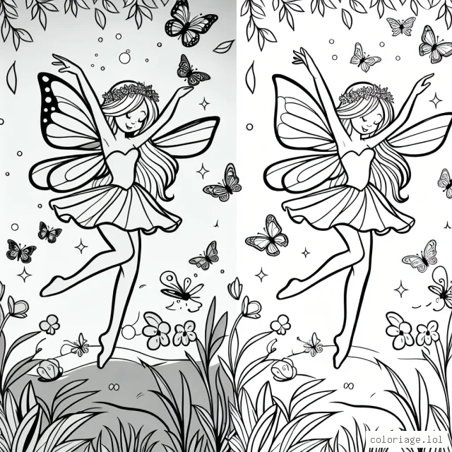 Dessine une fée qui danse avec des papillons dans une forêt enchantée.