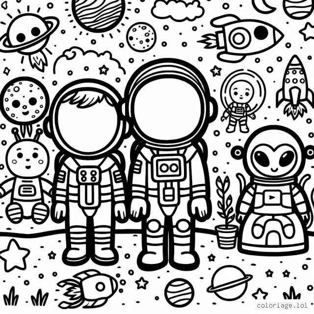 Regarde ce dessin incroyable de l'espace externe avec des astronautes, des fusées et des extraterrestres essais de le rendre coloré avec ton imagination.