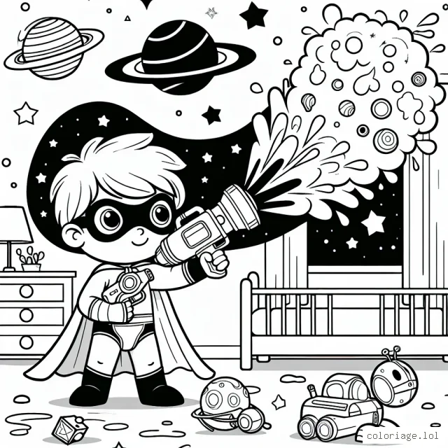 Un petit garçon est en train de jouer au superhéros dans sa chambre. Il a mis une cape et un masque et il s'envole dans l'espace pour éteindre une énorme comète avec son pistolet à eau. Les jouets dans la chambre se transforment en divers objets spatiaux à colorier : planètes, étoiles, vaisseaux spatiaux etc.
