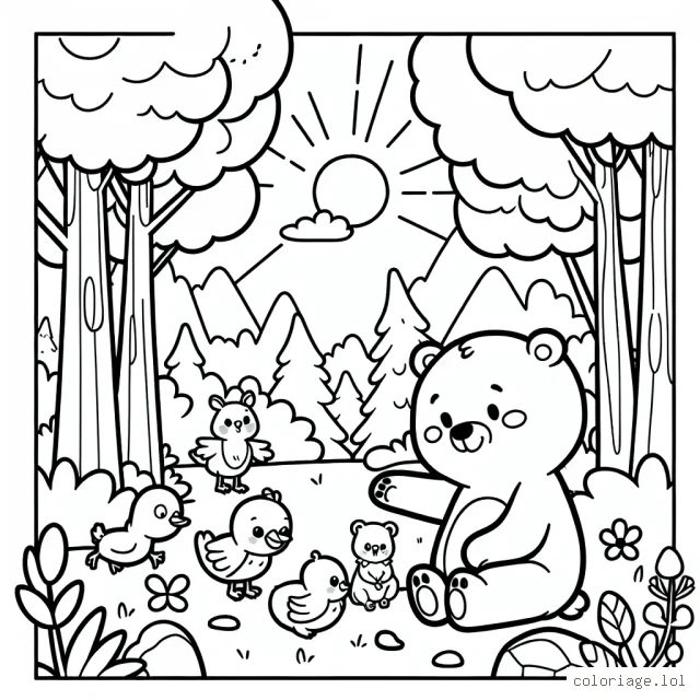 Un mignon petit ourson joue avec ses amis animaux de la forêt dans une clairière ensoleillée.