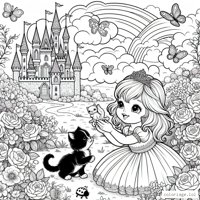 Un dessin détaillé d'une jeune princesse qui joue avec son chaton mignon près d'un château de conte de fées féerique. La scène se déroule dans un magnifique jardin rempli de roses vibrantes et d'insectes amicaux comme des papillons et des coccinelles. En arrière-plan, les tours scintillantes du château s'élèvent haut dans le ciel rempli de nuages moelleux et d'un arc-en-ciel brillant.