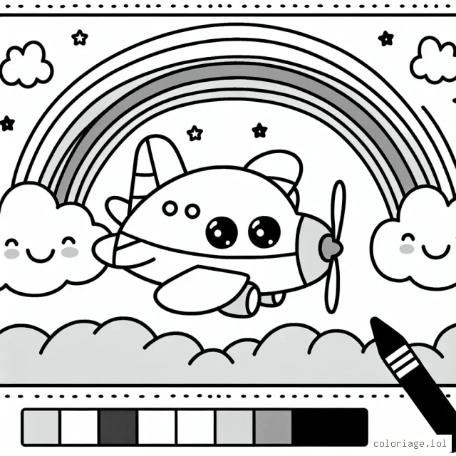 Imaginez un coloriage mettant en scène un avion doublé d'un arc-en-ciel et de nuages joyeux.