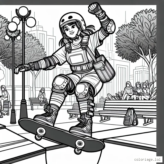Dessine un participant en pleine action dans une compétition de sports extrêmes : skateboard sur une rampe verticale, avec son équipement protecteur complet et son attitude audacieuse, dans un parc urbain animé.