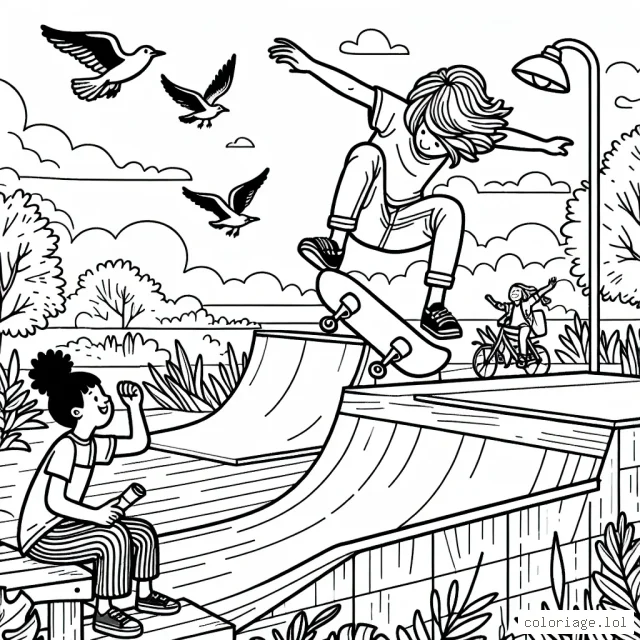 Une scène intense de skateboard sur une rampe dans un parc urbain, avec un skateur en plein air, une spectatrice qui encourage et des oiseaux qui volent au-dessus.