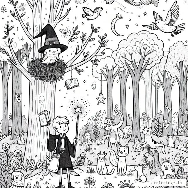 Un jeune magicien veille sur une forêt enchantée peuplée de créatures fantastiques. Il y a des arbres qui parlent, des fleurs qui dansent et des animaux de toutes les formes et tailles. En haut du plus grand arbre, il y a un nid avec un grand oiseau brillant. Le magicien tient un livre de sortilèges et une baguette, prêt à protéger la forêt contre tout danger.