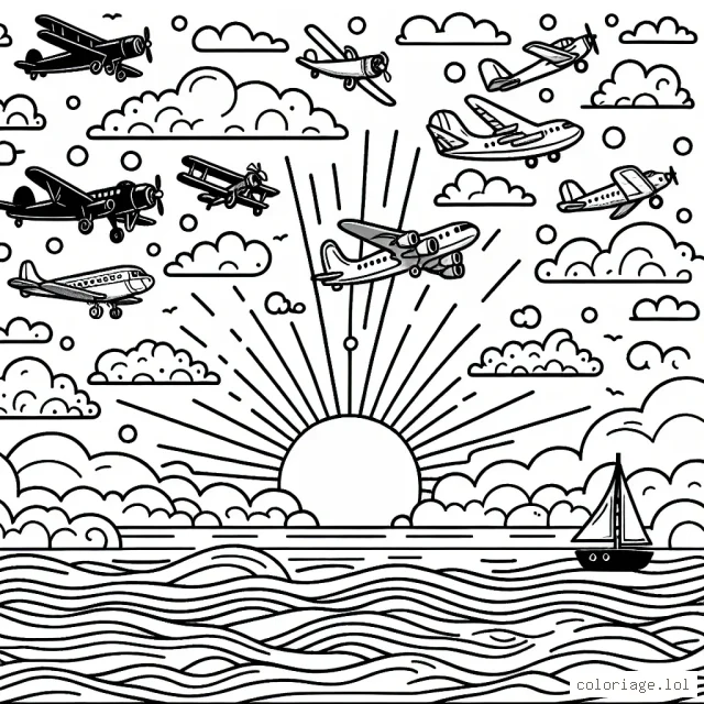 Imagine un paysage magnifique du ciel où des avions de différentes formes, tailles, et époques survolent l'océan. N'oublie pas d'inclure des détails tels que le soleil couchant, les nuages flottants et les vagues de l'océan en dessous.