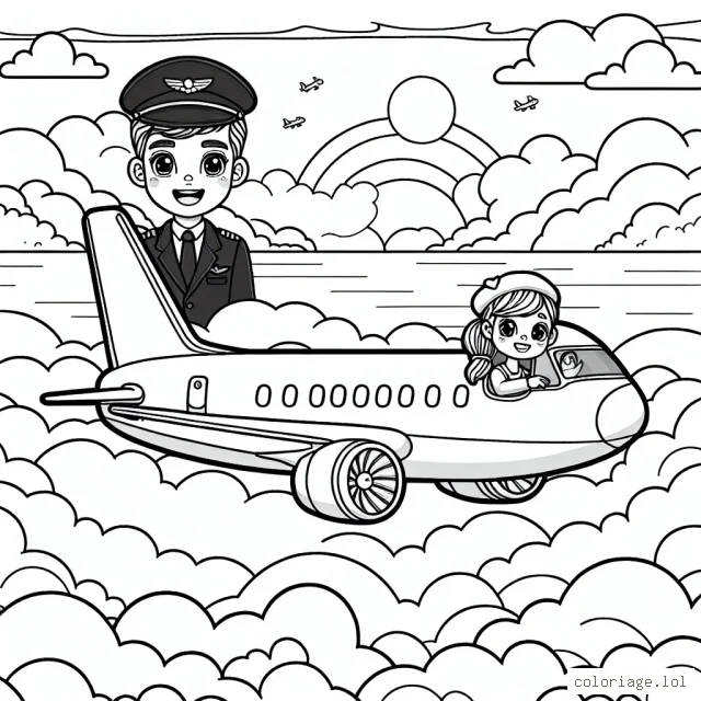 Dessine un avion de passagers naviguant à travers les nuages, un pilote et une hôtesse de l'air à bord, avec une vue panoramique du coucher de soleil en arrière-plan.