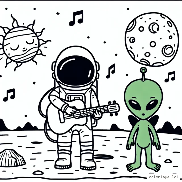 Un astronaute jouant de la guitare sur la lune avec un extraterrestre vert qui danse à côté.