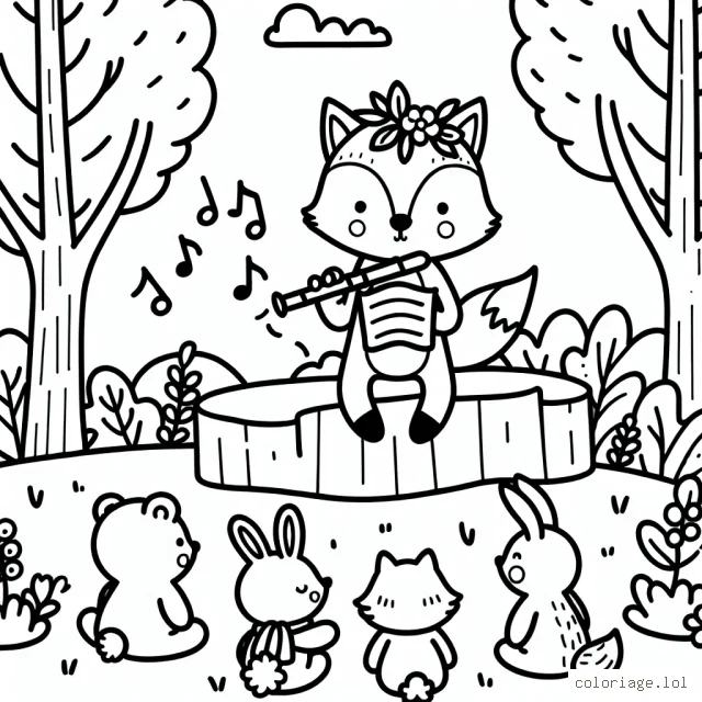 Un petit renard donnant un concert de musique à ses amis de la forêt