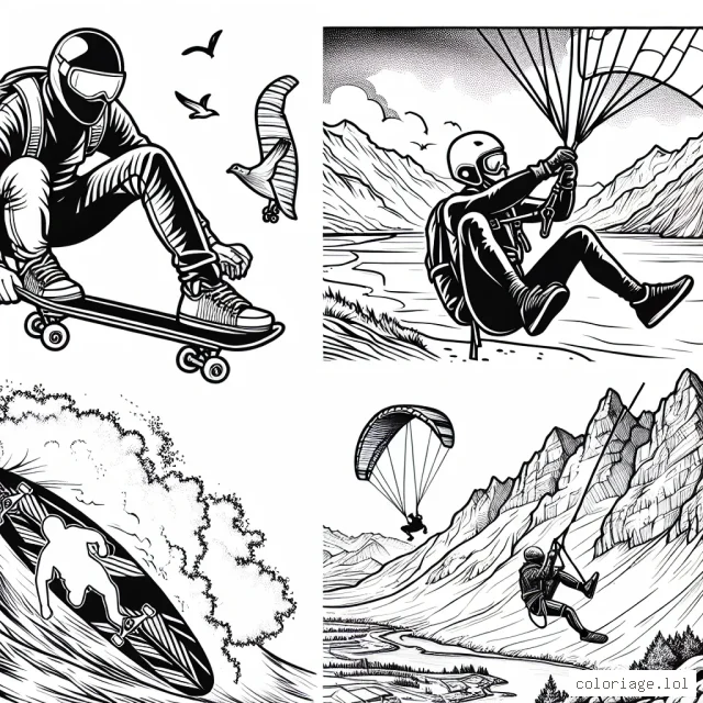 Découvre les sports extrêmes avec ce fantastique dessin détaillé. Tu y trouveras un skateur en pleine action, un parachutiste en chute libre, un véliplanchiste bravant les vagues et un alpiniste escaladant une montagne rigide. Amuse-toi à colorier ces scènes palpitantes!