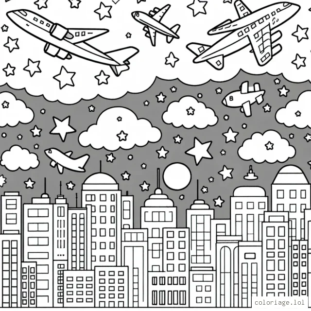 Une flotte d'avions virevoltant dans le ciel étoilé au-dessus d'une ville animée